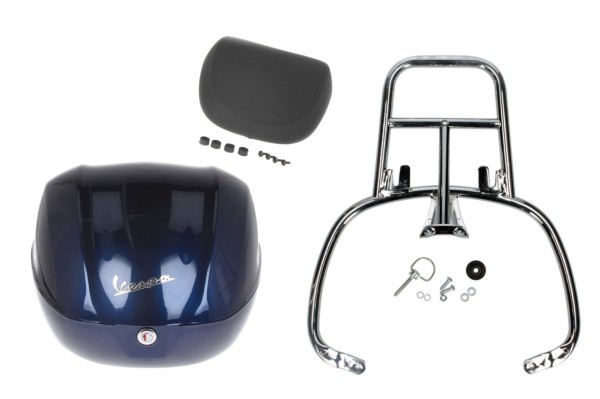Topcase Kit 32L donkerblauw (289/A), rugkussen zwart voor Vespa Primavera