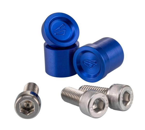 Abdeckung Spiegelloch links & rechts FABRICA für Vespa, blau eloxiert