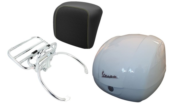 Topkofferset 36L wit (B04), bagagerek chroom, rugkussen zwart met geel stiksel voor Vespa GTS