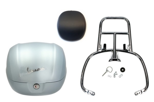 Topcase Kit 32L grijsblauw mat (G02), rugkussen zwart, bagagerek chroom voor Primavera