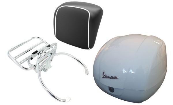Topkofferset 36L wit (B04), bagagerek chroom rugkussen zwart, bies wit voor Vespa GTS