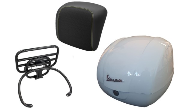 Topkofferset 36L wit, bagagerek zwart, rugkussen zwart met geel stiksel voor Vespa GTS