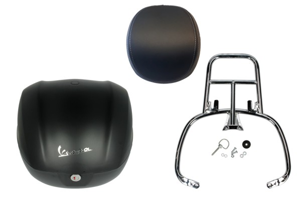 Topcase Kit 32L zwart mat opaco (99/C), rugkussen zwart, bagagerek chroom voor Primavera